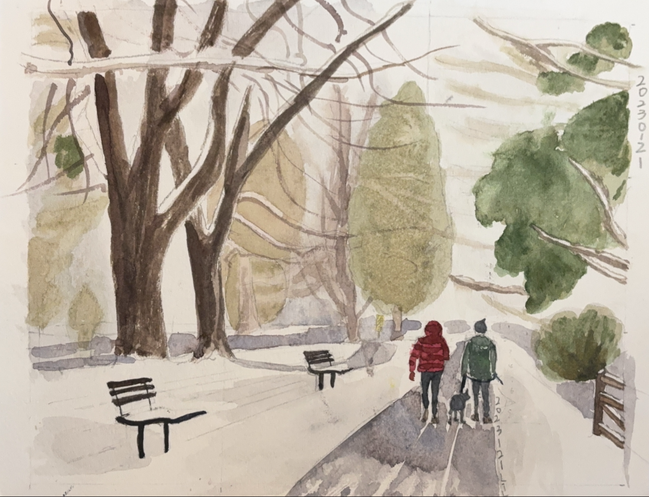 Art Image WInterCoupleandDogWalking